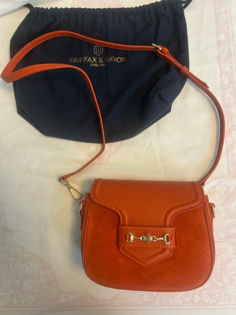 Fairfax & Favor Sunset Orange Saddle Crossbody Bag with Gold Accent - Picture 5 of 8
